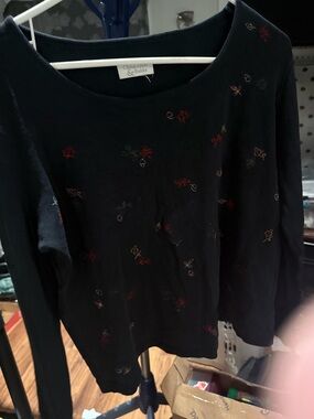 Christopher & Banks Black Long Sleeve Top with Multicolor Floral Embroidery